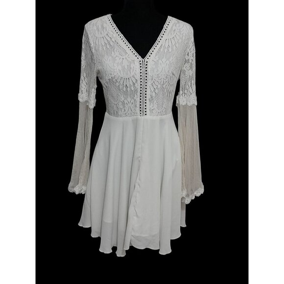 Womens Size Small Boho Hippie Fairy Cottagecore Flare Sleeve Mini Dress White - Picture 4 of 16